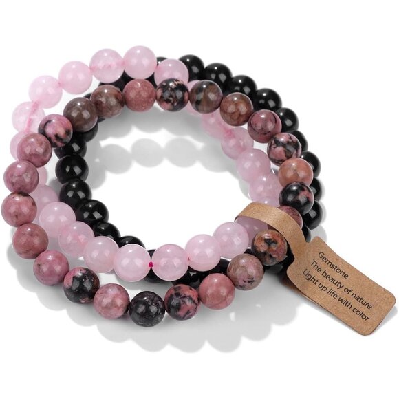 3PCS pink Healing Crystal Natural Stone Beaded Stretch Bracelet for Women - Picture 1 of 6